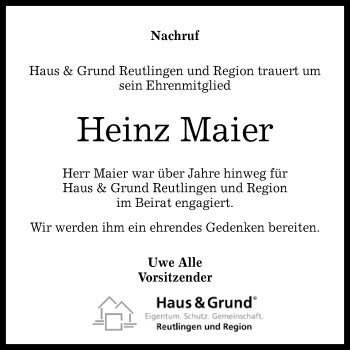 Anzeige von Heinz Maier von Reutlinger General-Anzeiger