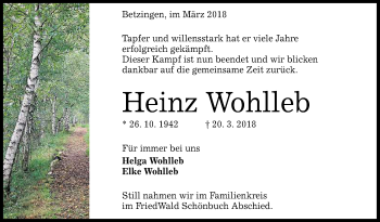 Anzeige von Heinz Wohlleb von Reutlinger General-Anzeiger