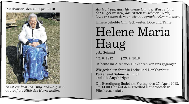  Traueranzeige für Helene Maria Haug vom 25.04.2018 aus Reutlinger General-Anzeiger