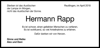 Anzeige von Hermann Rapp von Reutlinger General-Anzeiger