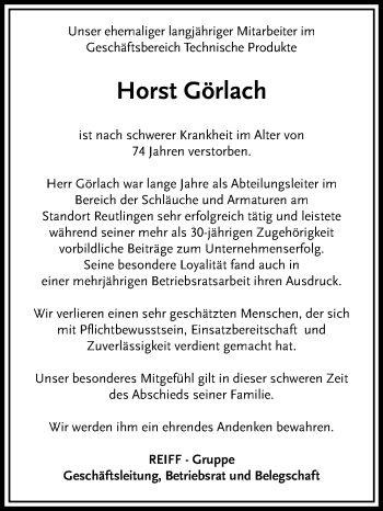 Anzeige von Horst Görlach von Reutlinger General-Anzeiger