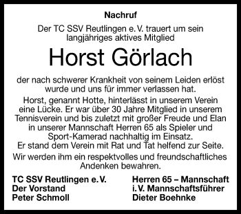 Anzeige von Horst Görlach von Reutlinger General-Anzeiger