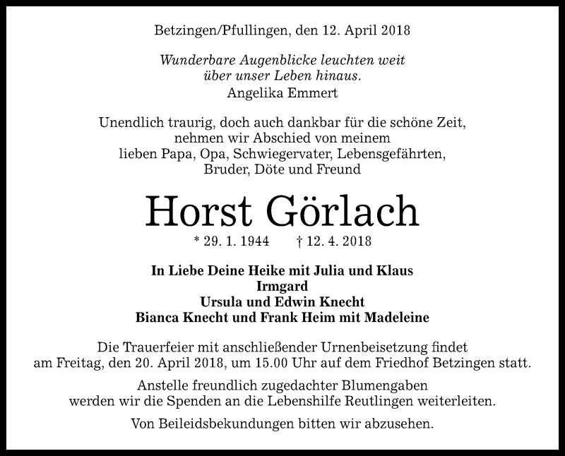  Traueranzeige für Horst Görlach vom 16.04.2018 aus Reutlinger General-Anzeiger