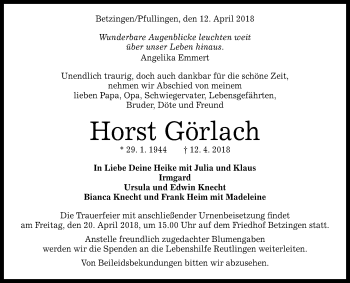 Anzeige von Horst Görlach von Reutlinger General-Anzeiger