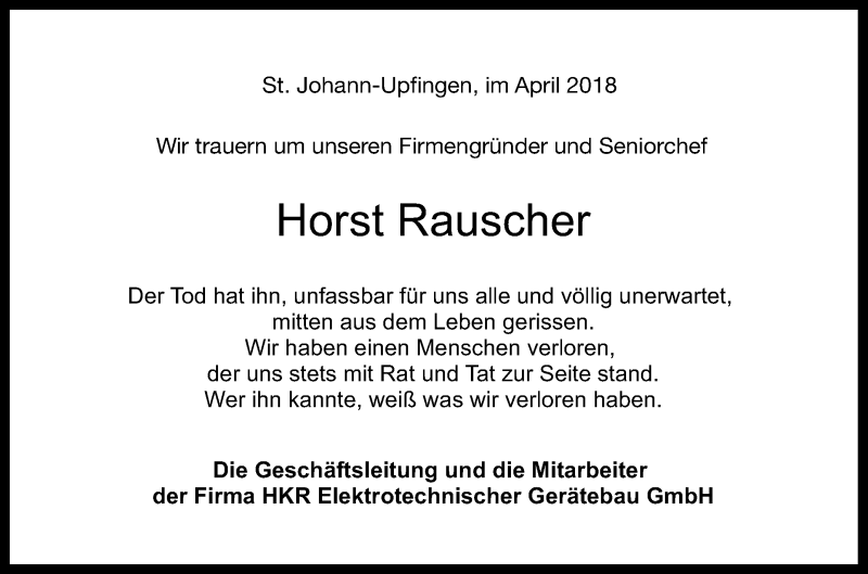  Traueranzeige für Horst Rauscher vom 30.04.2018 aus Reutlinger General-Anzeiger