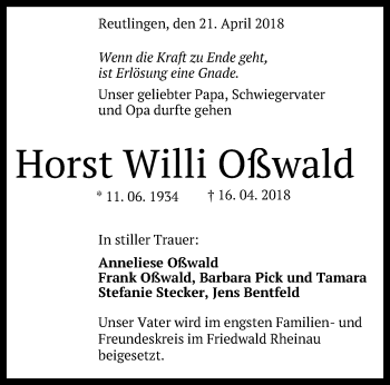 Anzeige von Horst Willi Oßwald von Reutlinger General-Anzeiger