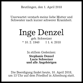 Anzeige von Inge Denzel von Reutlinger General-Anzeiger