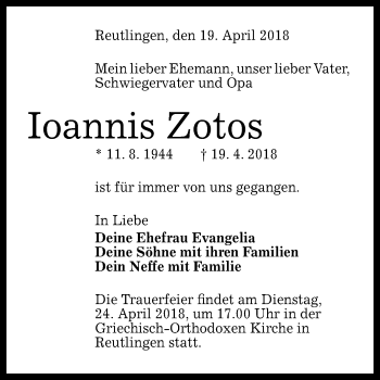 Anzeige von Ioannis Zotos von Reutlinger General-Anzeiger