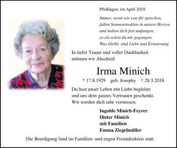 Anzeige von Irma Minich von Reutlinger General-Anzeiger