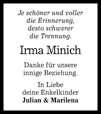 Anzeige von Irma Minich von Reutlinger General-Anzeiger