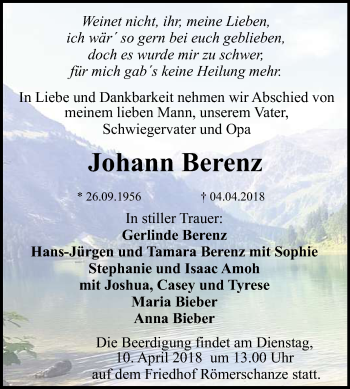 Anzeige von Johann Berenz von Reutlinger General-Anzeiger