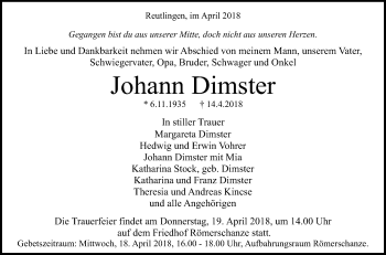 Anzeige von Johann Dimster von Reutlinger General-Anzeiger