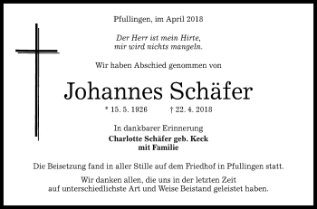 Anzeige von Johannes Schäfer von Reutlinger General-Anzeiger