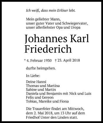 Anzeige von Johannes Karl Friederich von Reutlinger General-Anzeiger