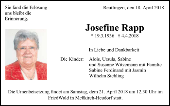 Anzeige von Josefine Rapp von Reutlinger General-Anzeiger