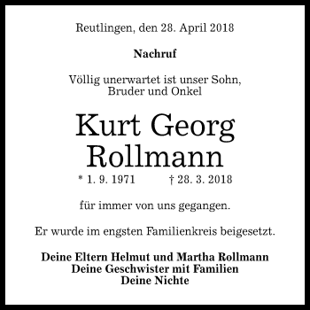 Anzeige von Kurt Georg Rollmann von Reutlinger General-Anzeiger