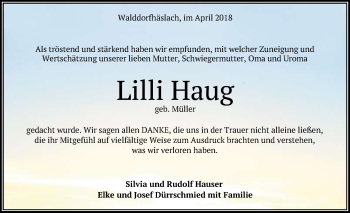 Anzeige von Lilli Haug von Reutlinger General-Anzeiger