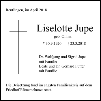 Anzeige von Liselotte Jupe von Reutlinger General-Anzeiger