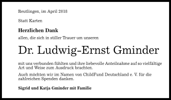 Anzeige von Ludwig-Ernst Gminder von Reutlinger General-Anzeiger