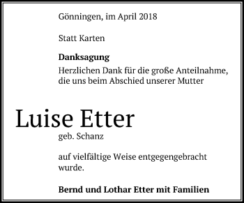 Anzeige von Luise Etter von Reutlinger General-Anzeiger