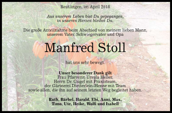Anzeige von Manfred Stoll von Reutlinger General-Anzeiger