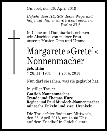 Anzeige von Margarete Nonnenmacher von Reutlinger General-Anzeiger