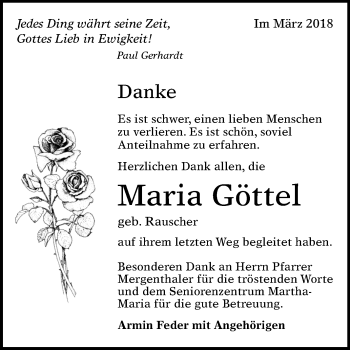 Anzeige von Maria Göttel von Reutlinger General-Anzeiger