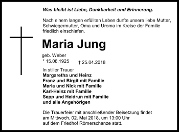 Anzeige von Maria Jung von Reutlinger General-Anzeiger