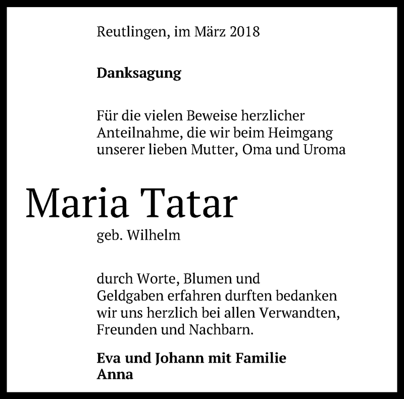  Traueranzeige für Maria Tatar vom 07.04.2018 aus Reutlinger General-Anzeiger
