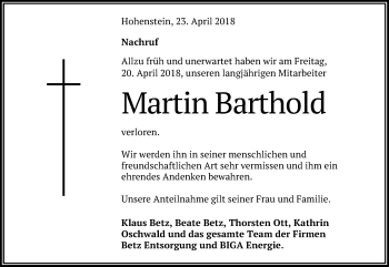 Anzeige von Martin Barthold von Reutlinger General-Anzeiger