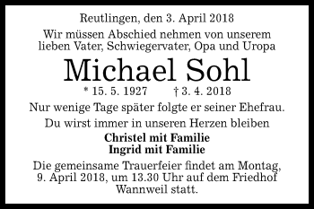 Anzeige von Michael Sohl von Reutlinger General-Anzeiger