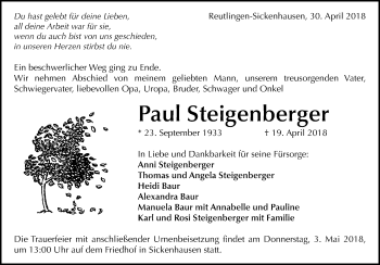 Anzeige von Paul Steigenberger von Reutlinger General-Anzeiger