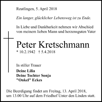 Anzeige von Peter Kretschmann von Reutlinger General-Anzeiger