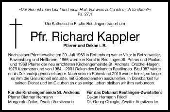 Anzeige von Richard Kappier von Reutlinger General-Anzeiger