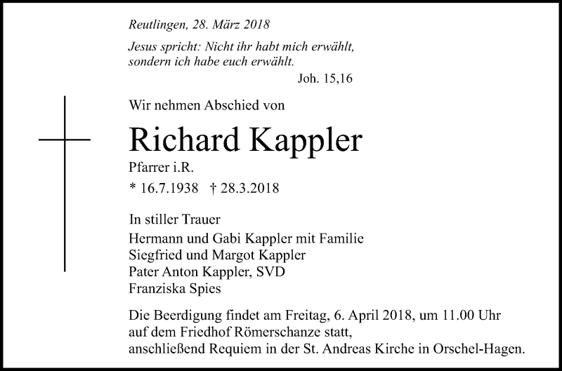  Traueranzeige für Richard Kappler vom 04.04.2018 aus Reutlinger General-Anzeiger