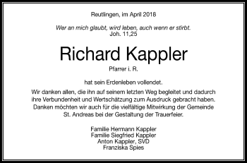 Anzeige von Richard Kappler von Reutlinger General-Anzeiger