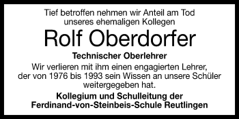 Anzeige von Rolf Oberdorfer von Reutlinger General-Anzeiger
