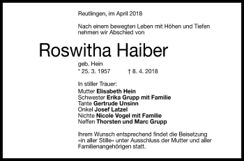 Anzeige von Roswitha Haiber von Reutlinger General-Anzeiger