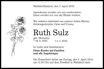 Anzeige von Ruth Sulz von Reutlinger General-Anzeiger