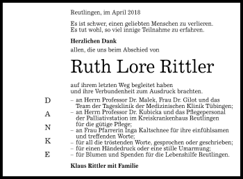 Anzeige von Ruth Lore Rittler von Reutlinger General-Anzeiger