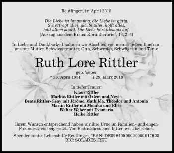 Anzeige von Ruth Lore Rittler von Reutlinger General-Anzeiger