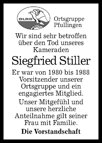 Anzeige von Siegfried Stiller von Reutlinger General-Anzeiger