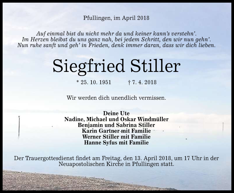  Traueranzeige für Siegfried Stiller vom 11.04.2018 aus Reutlinger General-Anzeiger