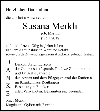 Anzeige von Susana Merkli von Reutlinger General-Anzeiger