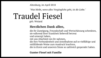 Anzeige von Traudel Fiesel von Reutlinger General-Anzeiger