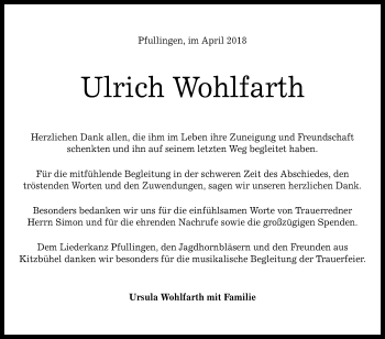 Anzeige von Ulrich Wohlfarth von Reutlinger General-Anzeiger