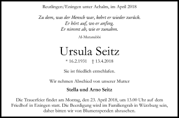 Anzeige von Ursula Seitz von Reutlinger General-Anzeiger