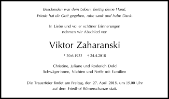 Anzeige von Viktor Zaharanski von Reutlinger General-Anzeiger