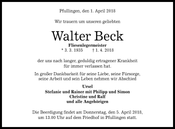 Anzeige von Walter Beck von Reutlinger General-Anzeiger