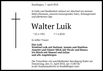 Anzeige von Walter Luik von Reutlinger General-Anzeiger